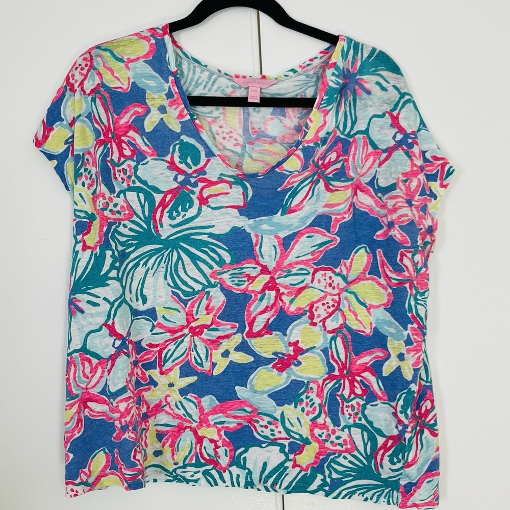Lilly Pulitzer Iris Blue Casa Azul Hartwell LINEN Top L/XL‎ Beach Preppy